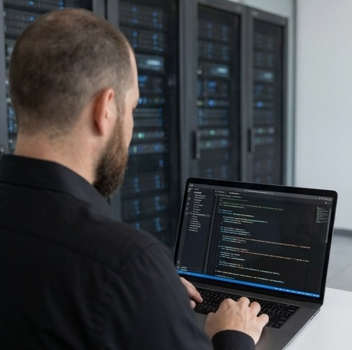Brandt Bravo writing code in a server room
